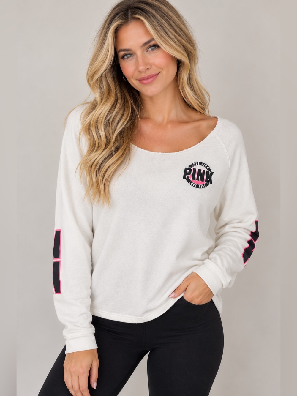 PINK Victoria's Secret White Long-Sleeve Crew with Pink & Black Logos